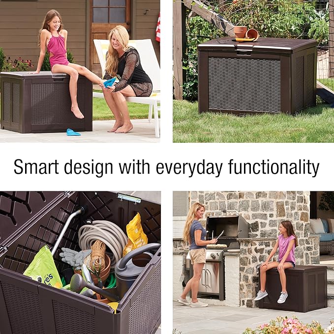 Rubbermaid Medium Resin Outdoor Storage Deck Box (74 Gal) Weather Resistant Brown Deck Organization for Home/Backyard/Pool Chemicals/Toys/Garden Tools/Porch/Patio Cushions-VerdiqueGarden