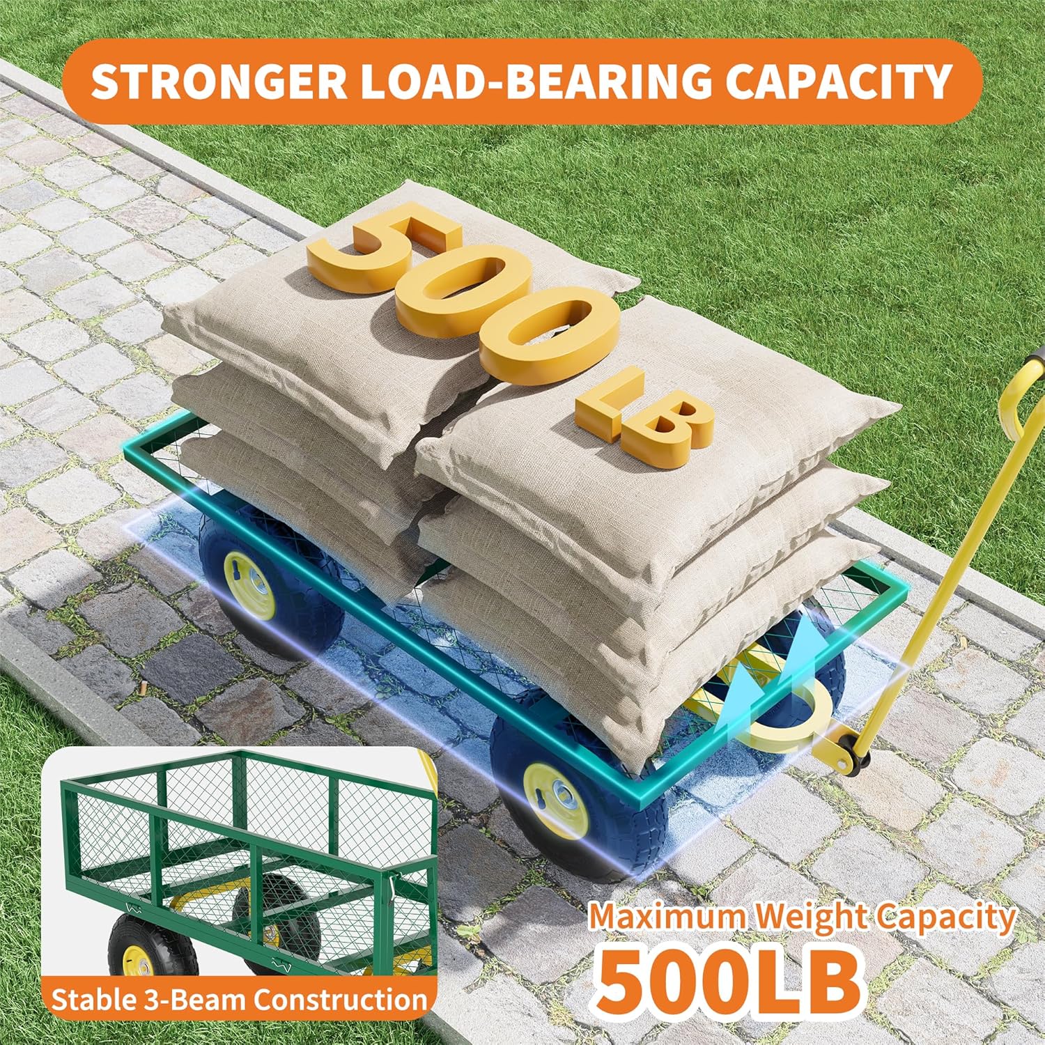 500 Lbs Garden Wagon, 2-in-1 Heavy-Duty Steel Garden Cart, with 10 Inch All-Terrain Tires and Removable Mesh Side Panels, 180° Rotating Handle, Metal Multi-Function Carts, Outdoor Gardens Wagon Cart-VerdiqueGarden