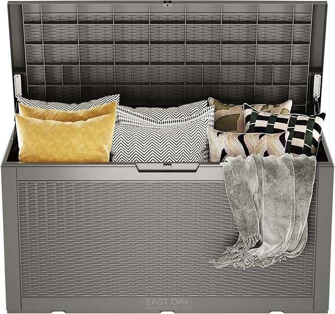 EAST OAK Outdoor Storage Box, 100 Gallon Deck Box, Waterproof Resin Storage Bench for Patio Cushions, Gardening Tools, Pool Accessories, Lockable, UV Resistant, Grey-VerdiqueGarden