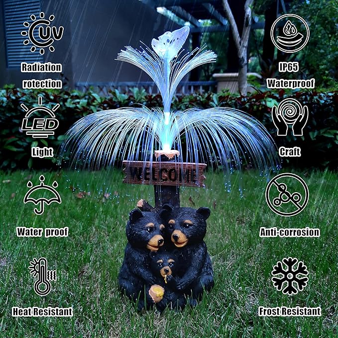 Solar Bear Garden Statues,Resin Black Bear Family Figurine with Welcome Card and 7-Color Changing Optical Fiber with Solar Lights, Lawn Decor Outdoor Statue for Patio,Balcony,Yard,Lawn-VerdiqueGarden