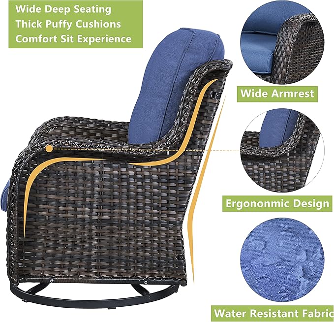 Outdoor Patio Swivel Rocker Chairs - Single Wicker Rattan Patio Swivel Rocking Chair with High Back,Deep Seating and Comfort Cushions for Deck Porch Garden,Brown/Blue-VerdiqueGarden