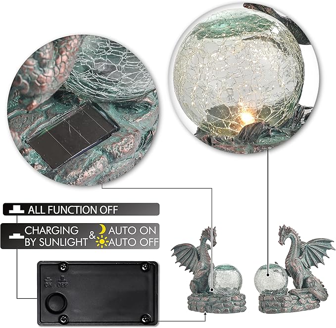 TERESA'S COLLECTIONS Garden Sculptures & Statues, Solar Dragon Outdoor Statues Figurines, Resin Bronze Gothic Garden Decor Lawn Ornaments Patio Yard Decorations Gifts for Mom Women, 8"-VerdiqueGarden