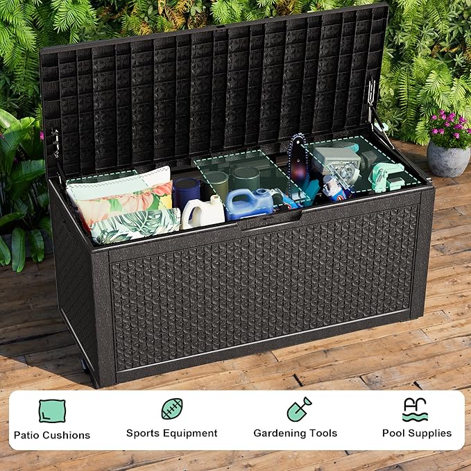 100 Gallon Resin Deck Box, Lockable Outdoor Storage Box for Patio Cushions Storage Furniture,Garden Tools, Pool Supplies, Weatherproof and UV Resistant（Black L）-VerdiqueGarden