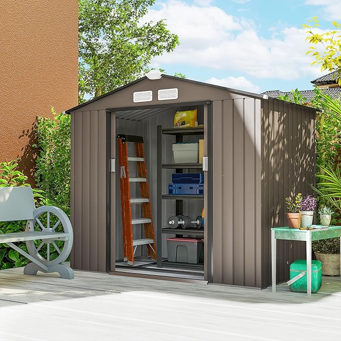 Outsunny 7' x 4' Outdoor Storage Shed, Garden Tool Metal Shed with Foundation Kit, Double Lockable Door, Air Vents and Sloping Roof, for Backyard, Patio, Lawn, Brown-VerdiqueGarden