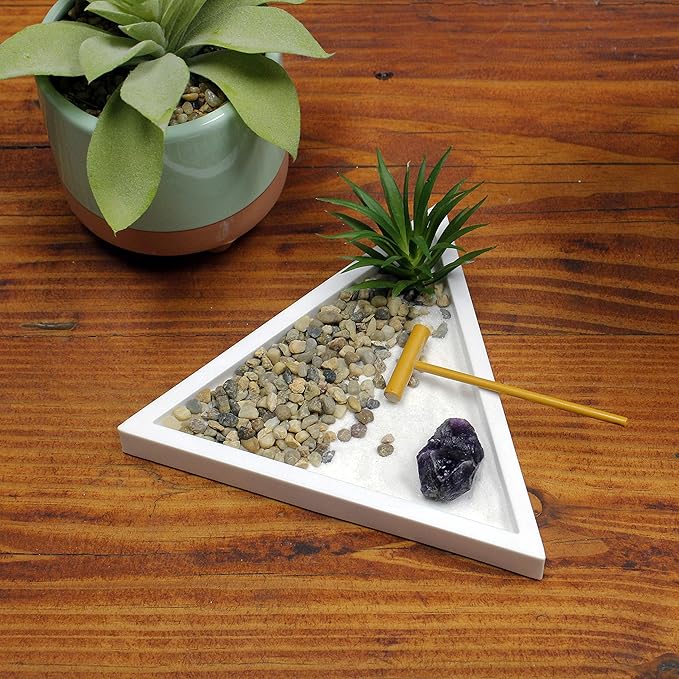 Nature's Mark Mini Zen Garden Kit for Desk with White Sand, Rake, White Base, Salt Rock and Air Plant (Triangle)-VerdiqueGarden