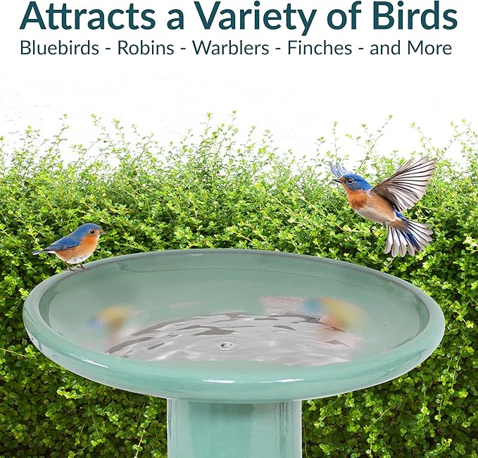 Sunnydaze 21" H Ceramic Bird Bath for Outside - Hand-Painted Outdoor Bird Bath Bowl, UV/Frost-Resistant Finish - Seafoam - Cut Out Pedestal-VerdiqueGarden