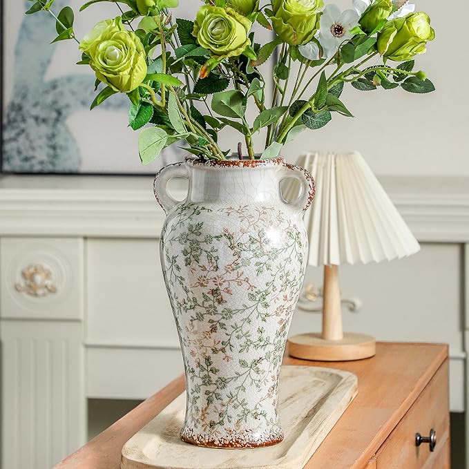 Enra Farmhouse Vintage vase with Handle,12.6 in Ceramic Chinoiserie Floral Vase,Green and Beige Decorative Flower vase,Large Rustic Vases for Home Decors, Living Room, Bookshelf, Office-VerdiqueGarden