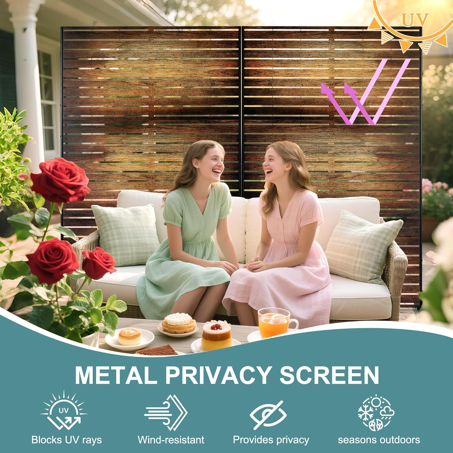 Metal Privacy Screen Outdoor Freestanding Privacy Wall Panels and Decorative Patio Dividers,Crafted from Steel with Sun-Proof Design,Ideal for Patio,Garden,72" H×47" L（Wooden&Vintage-3 Panels-VerdiqueGarden