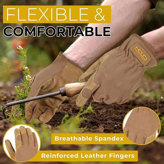 HANDLANDY Leather Work Gloves for Men & Women, Reinforced Durable Garden Gloves, Cowhide Working Glove for Gardening-VerdiqueGarden