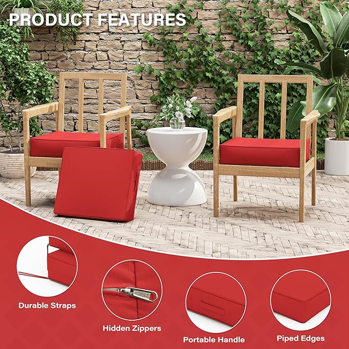 Patio Chair Cushions 18.5 X 16 X 4 Inch Waterproof Outdoor Seat Cushions for Patio Furniture, Outdoor Sofa Couch Pads with Ties & Handle, Set of 2, Red-VerdiqueGarden