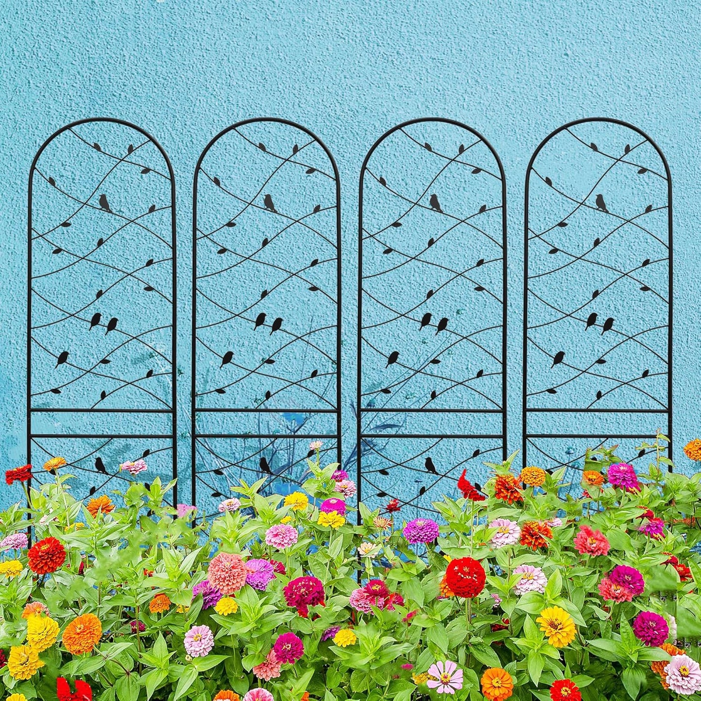 4 Pack Metal Garden Trellis 86.7" Tall Outdoor Climbing Plant Support for Roses, Flowers, Rustproof Durable Black Galvanized Tube, Lawn Garden Fence Decor Screen (4, Black birds-86.7" H)-VerdiqueGarden