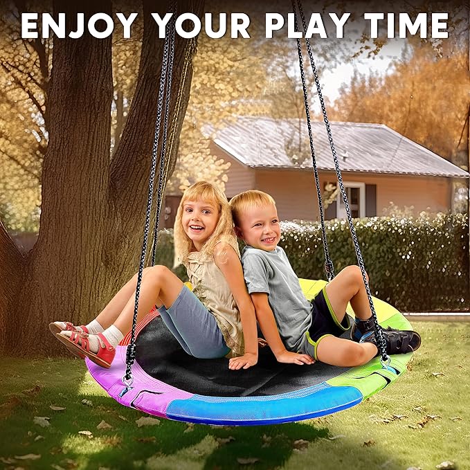TURFEE 40" Saucer Tree Swing for Kids - 900Lb Weight Capacity, 900D Waterproof Oxford Fabric Platform Swing Seat with Adjustable Ropes for Kids Playground Outdoor Activity Backyard Fun (Rainbow)-VerdiqueGarden