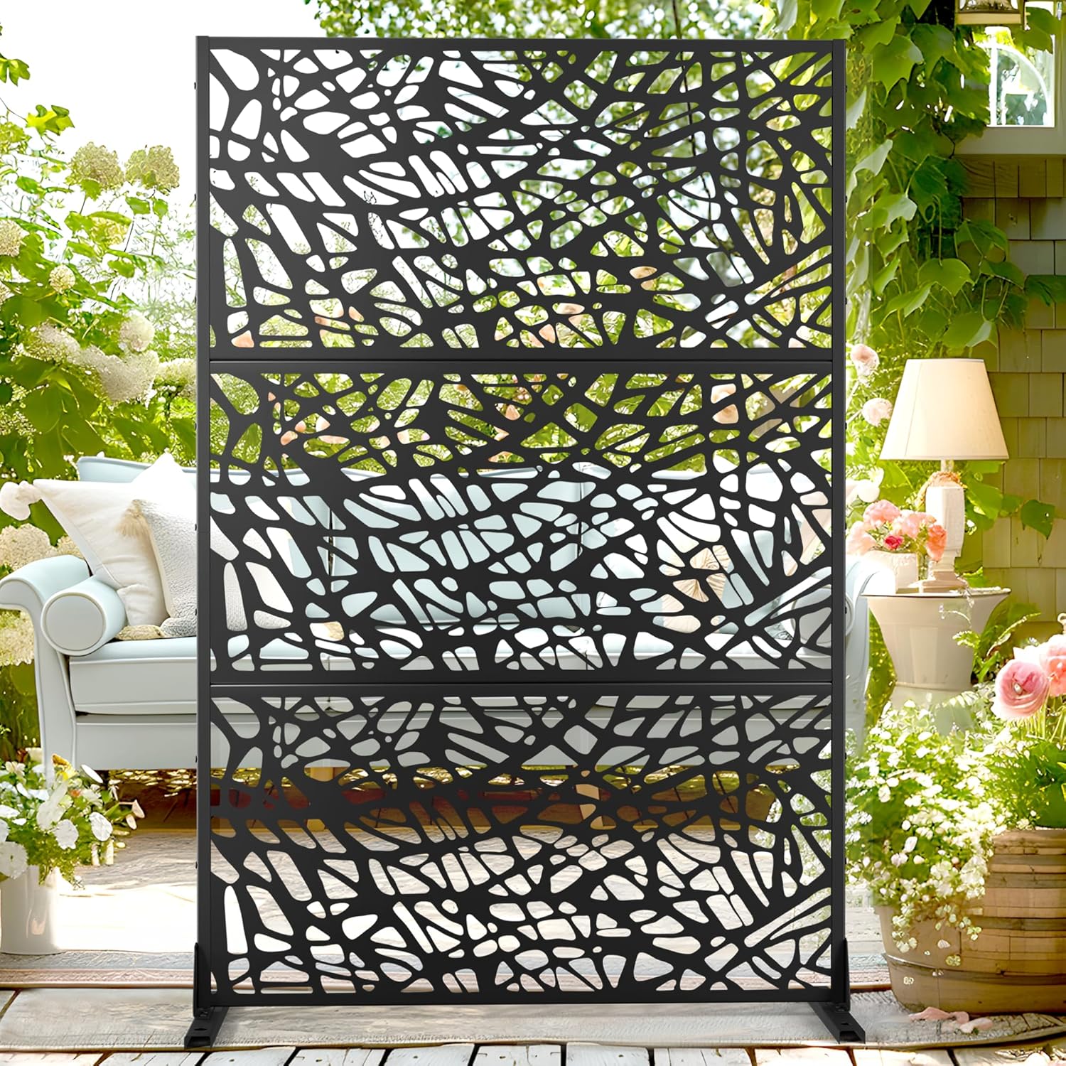 72" H×47" W Metal Privacy Screen Outdoor Privacy Screen Freestanding, Outdoor Privacy Screens and Panels for Patio Lawn Deck, Outdoor Privacy Panels Decorative Privacy Fence(Consists of 3 Panels)-VerdiqueGarden