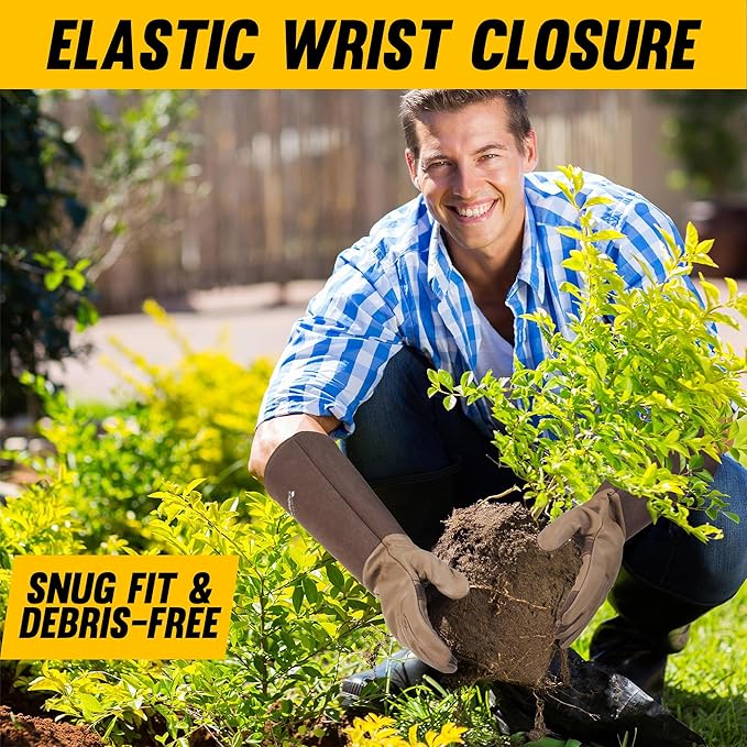 HANDLANDY Long Gardening Gloves for Men & Women, Cowhide Leather Rose Pruning Gloves- Breathable & Durable Gauntlet Glove (Small, Brown)-VerdiqueGarden