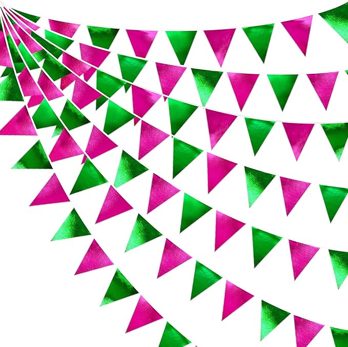 Pink and Green Party Decorations Metallic Hot Pink Light Green Fabric Triangle Pennant Banner Flag Bunting Garland for Witches Theme Birthday Wedding Baby Shower Engagement Bachelorette Party Supplies-VerdiqueGarden