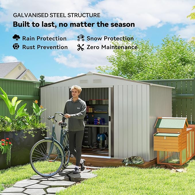 Outsunny 9' x 6' Outdoor Storage Shed, Garden Tool Metal Shed with Foundation Kit, Double Lockable Door, Air Vents and Sloping Roof, for Backyard, Patio, Lawn, Silver-VerdiqueGarden