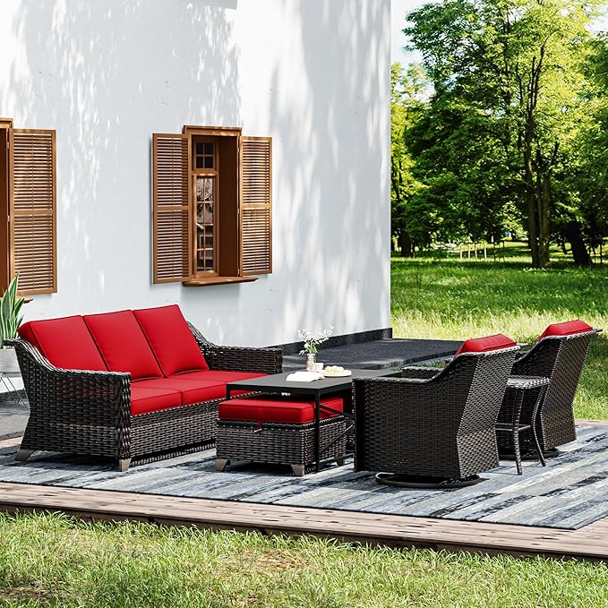 Joyside Wicker Patio Furniture Sets, 7 Pieces Upgraded Large Size Outdoor Furniture with Swivel Rocking Patio Chairs, 3-Seat Sofa, Outdoor Ottoman and Coffee Table, Thick Cushions, Wide Armrest-VerdiqueGarden