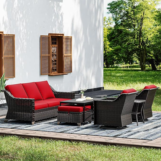 Joyside Wicker Patio Furniture Sets, 7 Pieces Upgraded Large Size Outdoor Furniture with Swivel Rocking Patio Chairs, 3-Seat Sofa, Outdoor Ottoman and Coffee Table, Thick Cushions, Wide Armrest-VerdiqueGarden