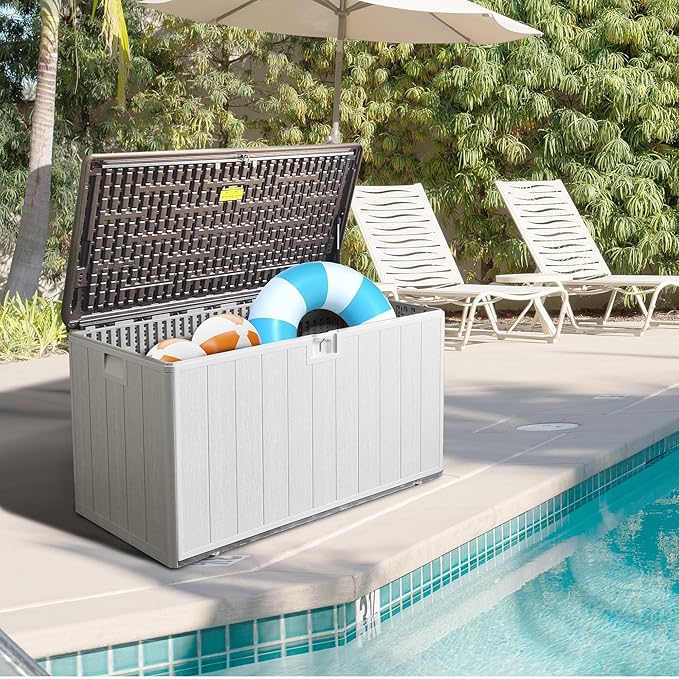 110 Gallon Pro Outdoor Storage Box, Waterproof Resin Deck Box for Patio, Pool, and Garden, Lockable Bin for Cushions, Tools, and Accessories, UV-Resistant, Grayish Brown-VerdiqueGarden