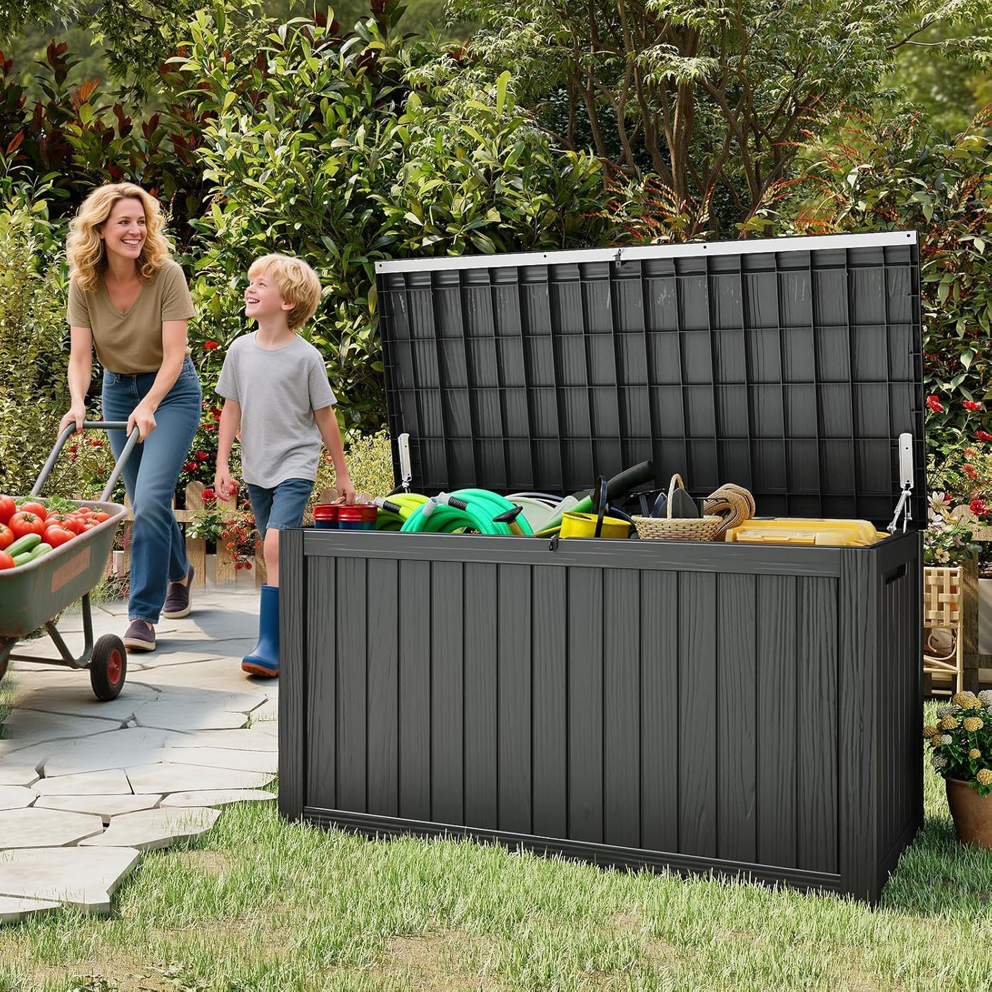 Outdoor Storage Box, 180 Gallon Waterproof Resin Deck Box, Storage Bin for Package Delivery, Patio Furniture Cushion, Garden Tools, Pool Accessories, Weatherproof and UV Resistant, Black-VerdiqueGarden