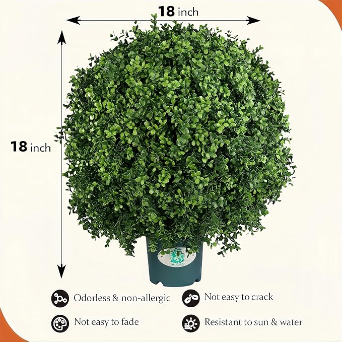 QIANYUN Artificial Topiary Trees Outdoor – 18 Inch Fake Boxwood Plants, UV Resistant Faux Shrubs for Outdoor/Indoor Decor, Perfect for Porch, Garden, Backyard-VerdiqueGarden