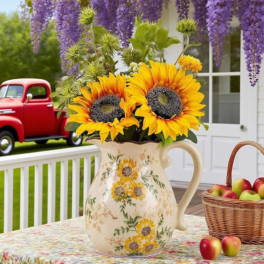 Sunflower Vintage Ceramic Yellow Floral Vase with Handle, Chinoiserie Floral Pitcher Vase, Rustic Ceramic Farmhouse Vases for Home Decor, Living Room, Bookshelf, Office, Grand Millennial Decor 7.9 in-VerdiqueGarden