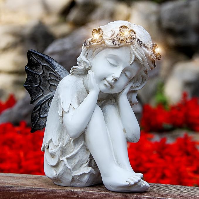 Leekung Ivory White Resin Sculpture, Angel Figurine with Solar Powered Lights for Outdoor Decor, Garden Decorations & Memorial Gifts-VerdiqueGarden