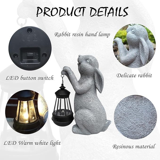Rabbit Solar Garden Outdoor Statues,Resin Rabbit Figurine Decorations with Solar Lights Lantern, Outdoor Rabbit Art Decor for Lawn,Yard, Unique Housewarming Gift for Garden Home-VerdiqueGarden