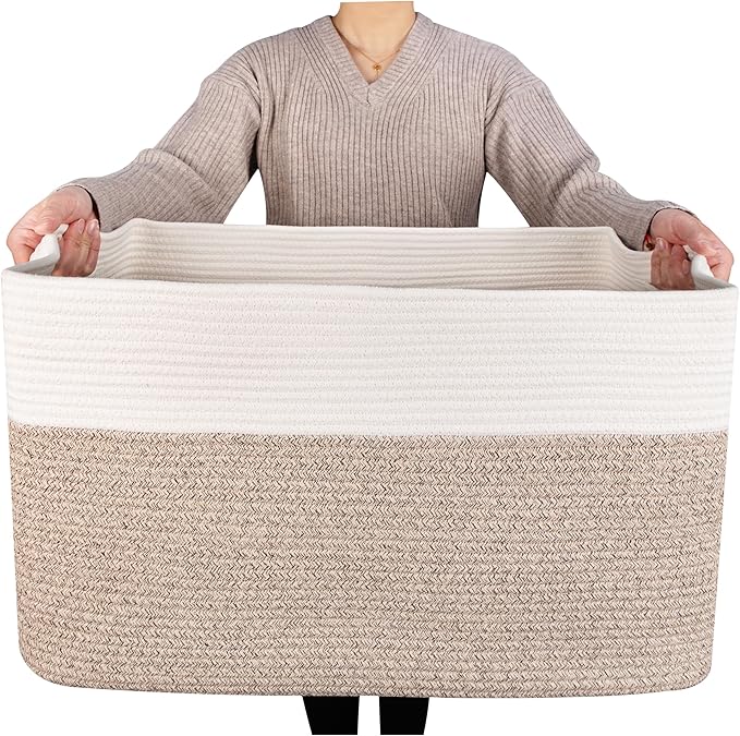 MINTWOOD Design 22in Extra Large Blanket Basket Holder Living Room, Rectangle Rope Woven Storage Basket with Handles for Laundry, Pool Towels, and Shoes, Dog Toy Organizer Bin Box, Light Brown-VerdiqueGarden