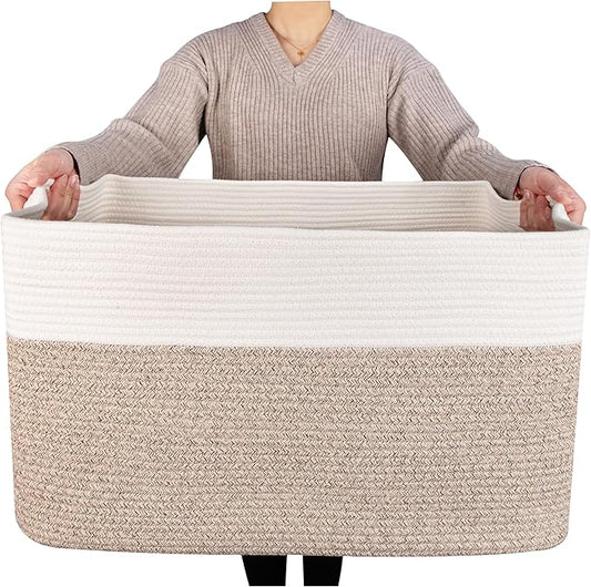 MINTWOOD Design 22in Extra Large Blanket Basket Holder Living Room, Rectangle Rope Woven Storage Basket with Handles for Laundry, Pool Towels, and Shoes, Dog Toy Organizer Bin Box, Light Brown-VerdiqueGarden