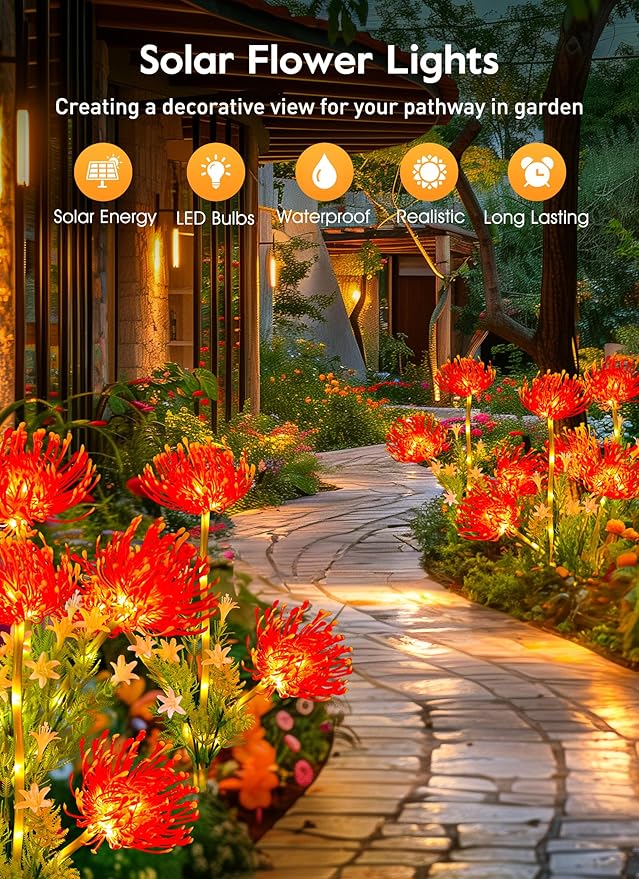 Brightown Outdoor Solar Garden Lights - 4 Pack LED Flower Lights with Glowing Flowers & Stems, Realistic, Bigger Solar Panel, Waterproof for Outside Yard Patio Home, Red-VerdiqueGarden
