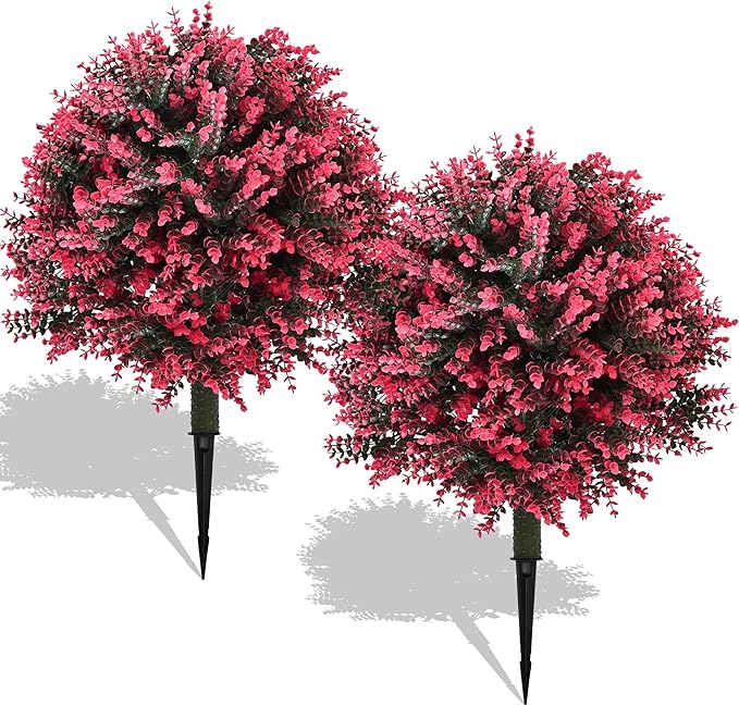 28" Set of 2 Artificial Boxwood Topiary Ball Bush for Outdoor with Ground Spike, UV Resistant Faux Greenery Shrubs, Fake Rose&Green Boxwood Plants for Garden, Yard, Porch, Patio Decor-VerdiqueGarden