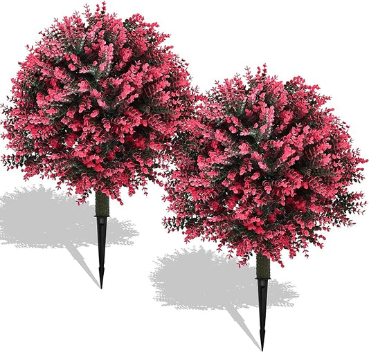 28" Set of 2 Artificial Boxwood Topiary Ball Bush for Outdoor with Ground Spike, UV Resistant Faux Greenery Shrubs, Fake Rose&Green Boxwood Plants for Garden, Yard, Porch, Patio Decor-VerdiqueGarden