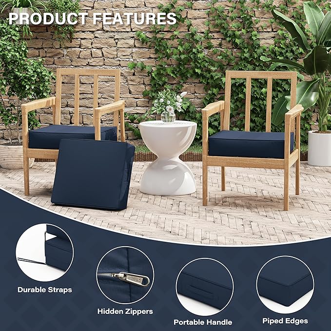 Patio Chair Cushions 18.5 X 16 X 4 Inch Waterproof Outdoor Seat Cushions for Patio Furniture, Outdoor Sofa Couch Pads with Ties & Handle, Set of 2, Navy Blue-VerdiqueGarden