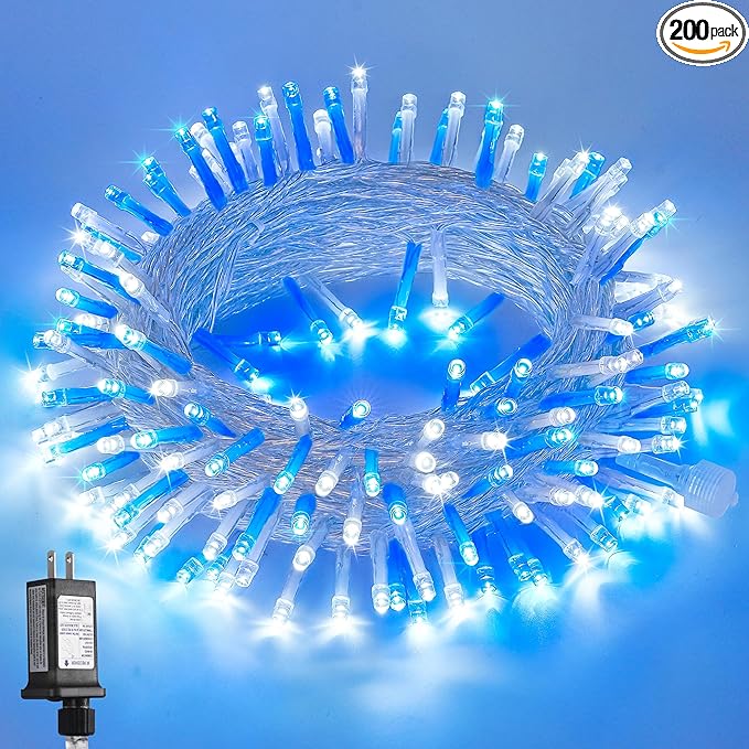 JMEXSUSS Blue and White String Lights Outdoor Indoor, 200 LED Christmas String Lights Clear Wire, 66ft Christmas Lights Plug in for Bedroom Tree Room Party Decorations-VerdiqueGarden