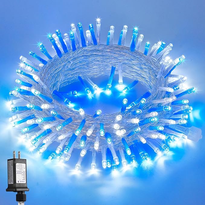 JMEXSUSS Blue and White String Lights Outdoor Indoor, 200 LED Christmas String Lights Clear Wire, 66ft Christmas Lights Plug in for Bedroom Tree Room Party Decorations-VerdiqueGarden