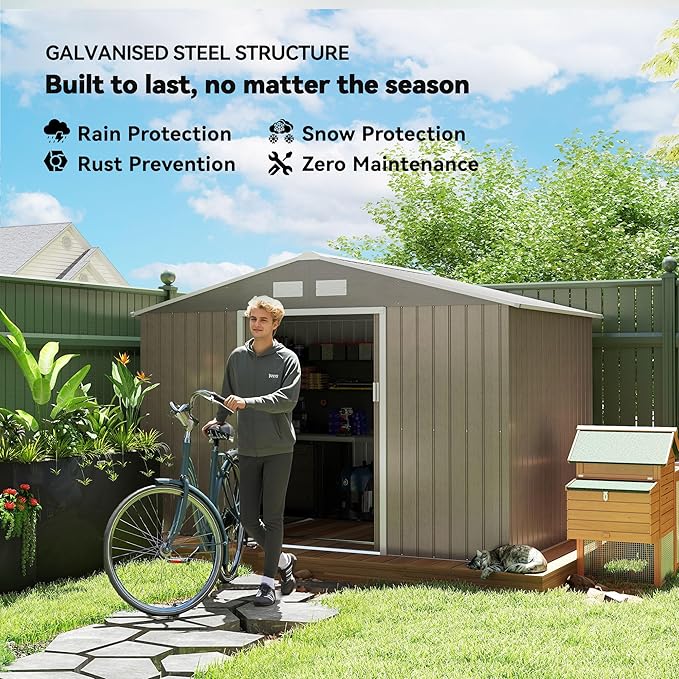 Outsunny 9' x 6' Outdoor Storage Shed, Garden Tool Metal Shed with Foundation Kit, Double Lockable Door, Air Vents and Sloping Roof, for Backyard, Patio, Lawn, Light Brown-VerdiqueGarden