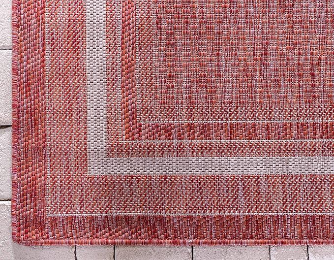 Unique Loom Outdoor Border Collection Area Rug - Soft Border (9'x 12' Rectangle, Rust Red/ Ivory)-VerdiqueGarden
