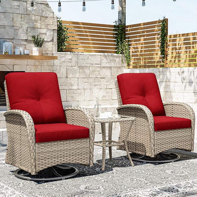 Joyside Outdoor Swivel Rocker Chairs, 3 Piece Wicker Patio Set with Thick Cushion and Side Table, Rattan Patio Swivel Rocking Chairs for Porch, Deck Use (Natural/Red, 3 PCS)-VerdiqueGarden
