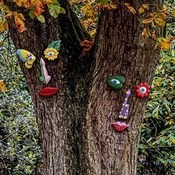 Tree Faces Decor Outdoor,Funny Tree Faces Sculpture,Colorful Fence Decorations Outdoor,Suitable for Yard and Garden Art Decor(Colorful Leaves&Colorful Butterfly)-VerdiqueGarden