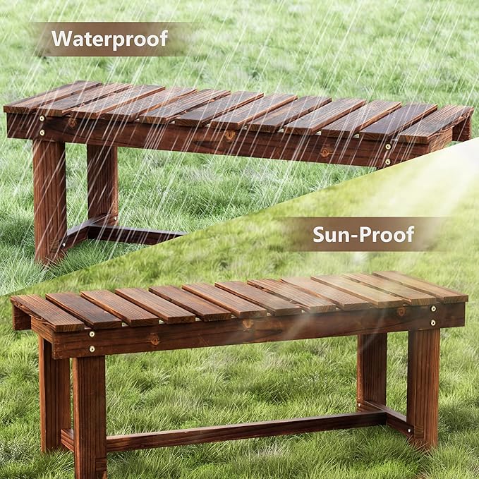 Outdoor Garden Bench, Weatherproof Patio Benches 3-Person Seat Backless Wooden Porch Bench, Multifunctional Slat All Weather Bench for Garden Lawn Porch Park Backyard (Carbonized Brown, 47.2 inch)-VerdiqueGarden