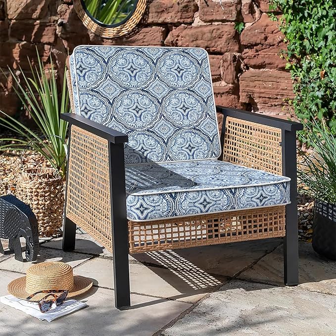 LVTXIII Patio Chair Cushions 22"x22"x3", Water-Repellent Outdoor Seat Cushions for Patio Furniture, Square Chair Pads with Ties for Home Garden Decoration, Set of 2, Medallion Blue-VerdiqueGarden