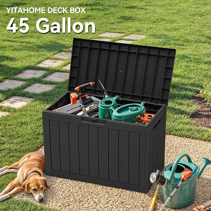 YITAHOME 45 Gallon Deck Box, Outdoor Storage Box for Patio Cushions, Outdoor Tools, Gardening Tools, Sports Equipment, and Throw Pillows, Lockable and Waterproof, Black-VerdiqueGarden