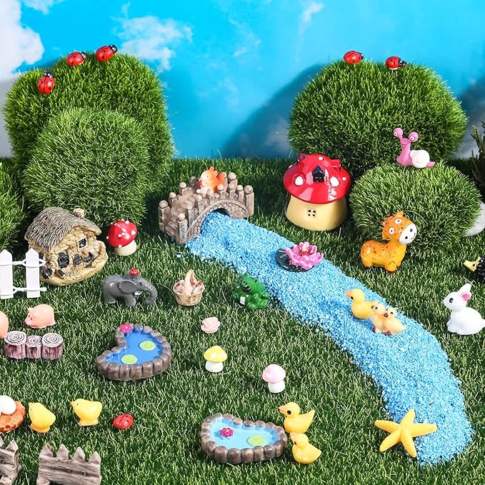 Modacraft 200Pcs Miniature Fairy Garden Accessories Including 100Pcs Fixed Pins, Fairy Garden Kit Fairy House Animal Figurines Mini Landscape for Garden Dollhouse Potted Plant Bonsai Terrarium Décor-VerdiqueGarden