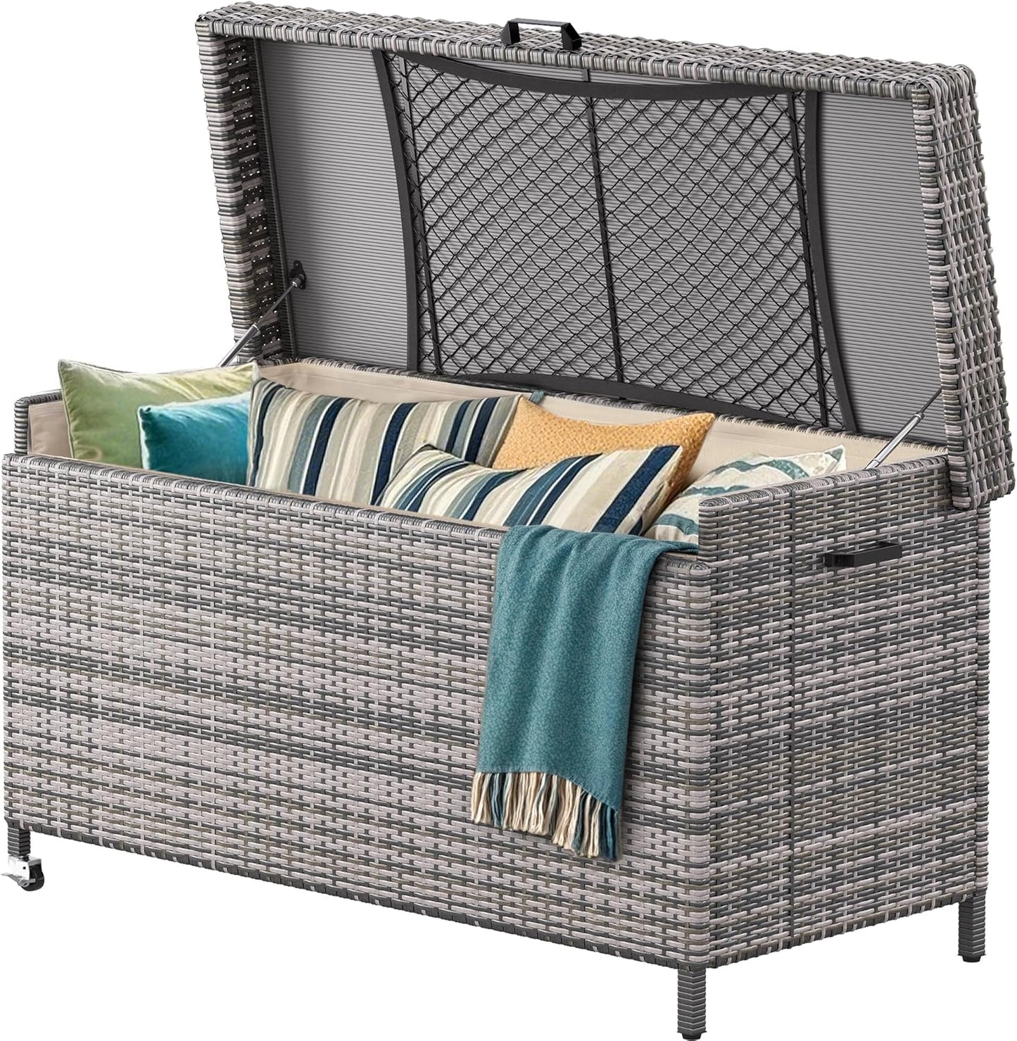 YITAHOME 200 Gallon Large Wicker Deck Box w/Storage Net, Rattan XL Outdoor Storage Box Patio Cushion Storage, Patio Storage Box for Garden Tools, Pool Sports Equipment (Grey)-VerdiqueGarden