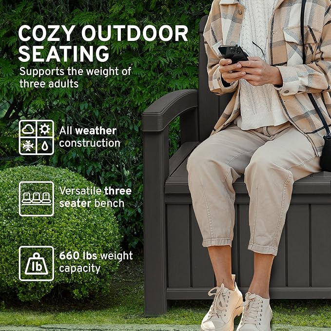 EconoHome 3 Seat Outdoor Storage Bench with Rain Cover - 90 Gallon Capacity - Weatherproof Resin Bench for Patio, Porch, Garden, Yard, Pool Area - Furniture for Pool Accessories, Gardening Tools-VerdiqueGarden