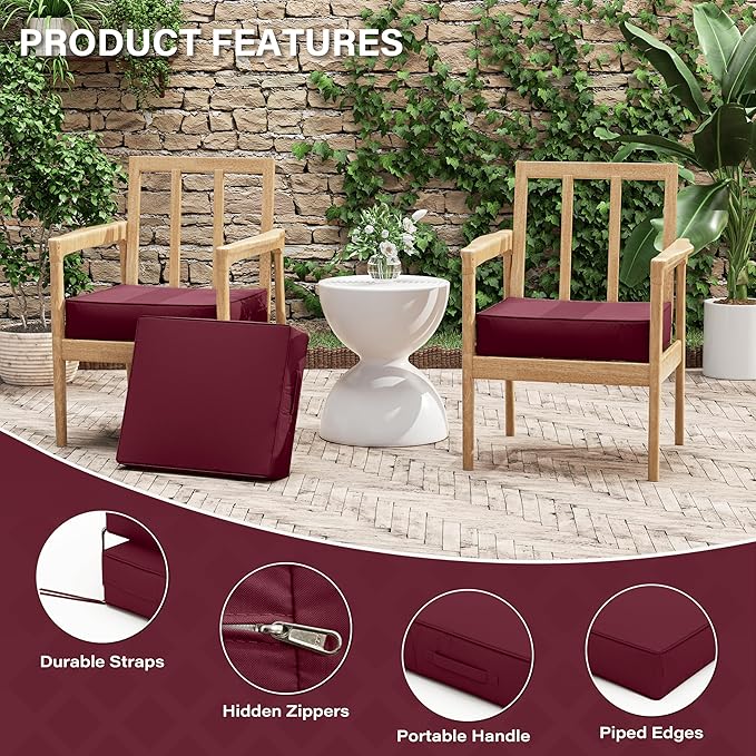 Patio Chair Cushions 18.5 X 16 X 4 Inch Waterproof Outdoor Seat Cushions for Patio Furniture, Outdoor Sofa Couch Pads with Ties & Handle, Set of 2, Burgundy-VerdiqueGarden
