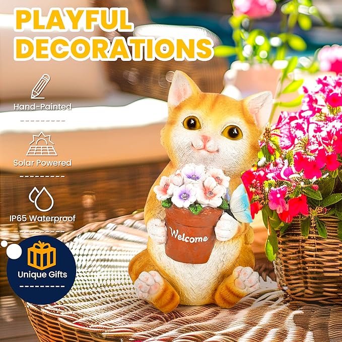 GIGALUMI Solar Garden Decor Flower Pot Cat Statues Outdoor, Birthday Gifts for Women, Gifts for Mom Grandma Senior Elder, Cat Ornament for Balcony, Garden, Patio, Yard, Lawn-VerdiqueGarden