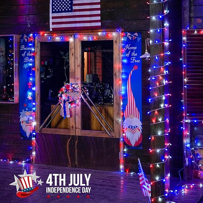 JMEXSUSS 4th of July Decorations Red White and Blue Lights, 33ft 100 LED String Light Indoor Plug-in, 8 Modes Patriotic 4th of July Lights for Indoor Outdoor Independence Day American Flag Holiday-VerdiqueGarden