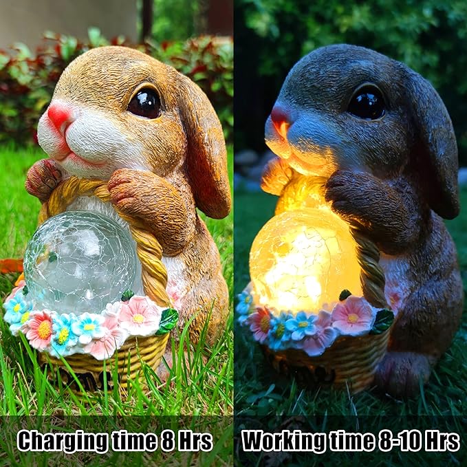 Solar Rabbit Garden Outdoor Statues,Resin Rabbit Figurine Carrying Flower Basket and Magic Orb with Solar LED Lights, Lawn Decor Outdoor Statue for Patio, Balcony, Yard Ornament-VerdiqueGarden